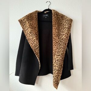 FASHION NOVA Black Jacket with Leopard Fur Collar
